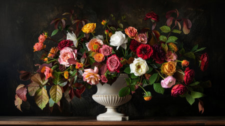 beautiful white vase on a table with an arrangement of autumn flowers generative aiの素材