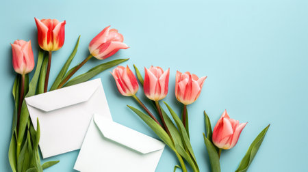 letter with beautiful tulips, on a unicolor background generative aiの素材
