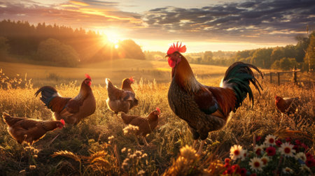 Hens and roosters in the field at sunset generative aiの素材