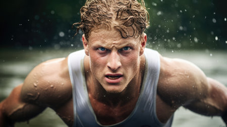 rower in a race, sweat and determination visible on their face generative aiの素材