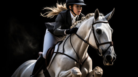 equestrian in mid-jump, determination and focus in their eyes generative aiの素材