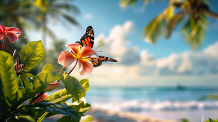 butterfly perched on a tropical flower, overlooking the serene beach landscape generative aiの素材