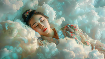 Chinese woman sleeping on a cloud, generative aiの素材