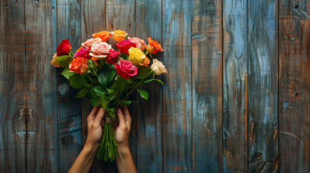 hands holding a radiant bouquet of roses, generative aiの素材