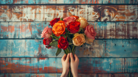 hands holding a radiant bouquet of roses, generative aiの素材
