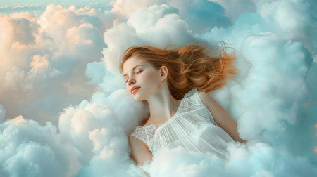 serene white woman, gracefully resting on a cloud, generative aiの素材