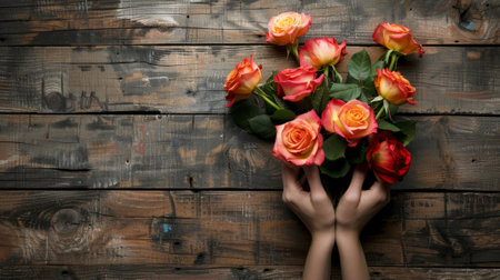 hands holding a radiant bouquet of roses, generative aiの素材