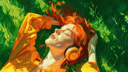 woman lying on a blanket in the park, headphones on generative aiの素材