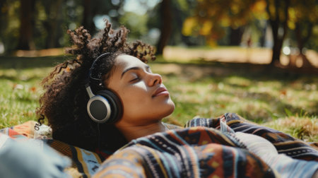 woman lying on a blanket in the park, headphones on generative aiの素材