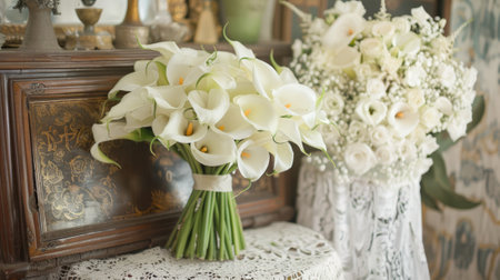 vintage wedding with a bouquet of calla lilies generative aiの素材