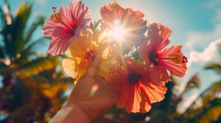 hand holding a bouquet of hibiscus flowers generative aiの素材