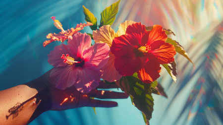 hand holding a bouquet of hibiscus flowers generative aiの素材