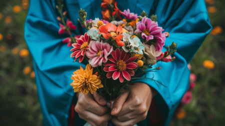 hands holding a bouquet of mixed flowers generative aiの素材