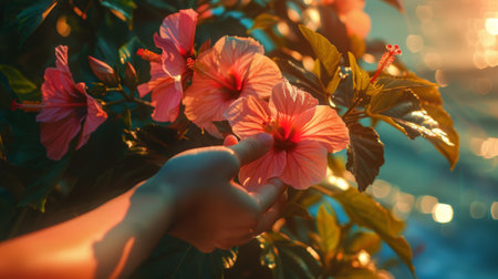 hand holding a bouquet of hibiscus flowers generative aiの素材