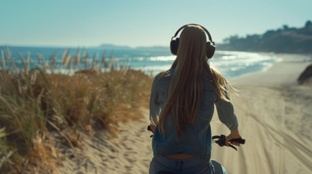Woman cycling on the beach, with headphones on. generative aiの素材