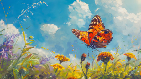 Brightly colored butterfly adorns a flower with its presence in a sunlit meadow. generative aiの素材