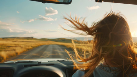 woman driving with the windows down, hair blowing, and music playing, generative aiの素材