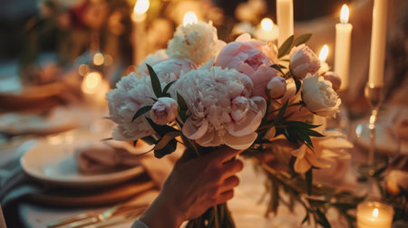 hands holding a bouquet of peonies generative aiの素材