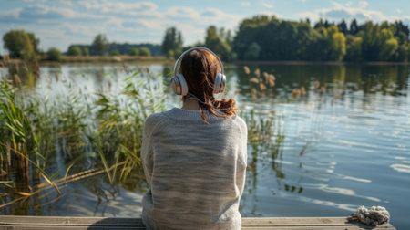 woman sitting on a pier by the lake, headphones on generative aiの素材