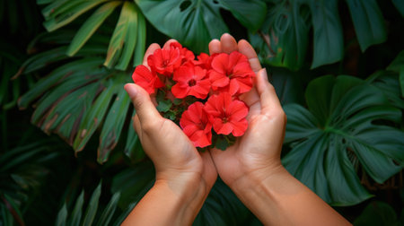 hands holding a bouquet of geraniums generative aiの素材