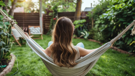 woman enjoying music on a hammock in her backyard generative aiの素材