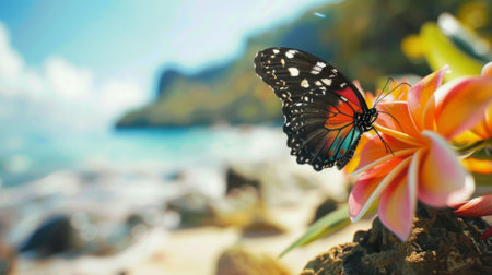butterfly resting on a tropical flower in a beachside paradise generative aiの素材