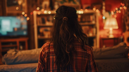 woman in a cozy living room, enjoying her favorite tunes generative aiの素材