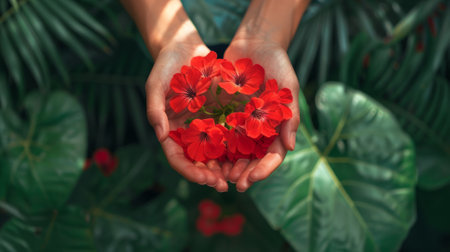 hands holding a bouquet of geraniums generative aiの素材