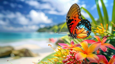 butterfly resting on a tropical flower in a beachside paradise generative aiの素材