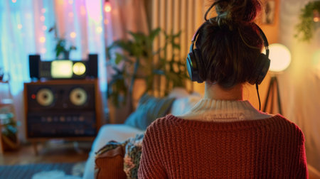 woman in a cozy living room, enjoying her favorite tunes generative aiの素材