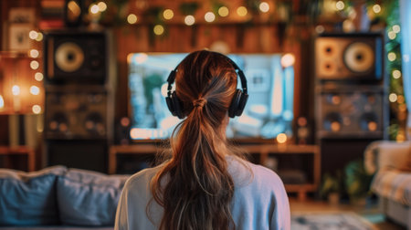 woman in a cozy living room, enjoying her favorite tunes generative aiの素材