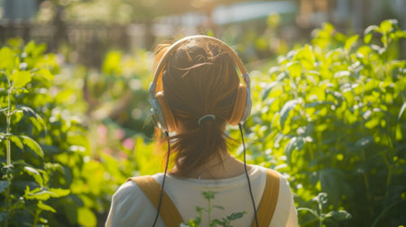a woman gardening, headphones on, enjoying her favorite tunes generative aiの素材