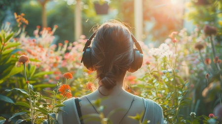 a woman gardening, headphones on, enjoying her favorite tunes generative aiの素材