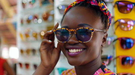 Smiling girl trying on glasses in store generative aiの素材