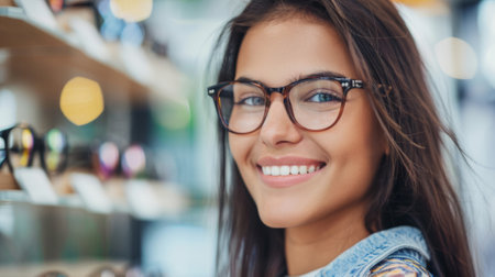 Smiling girl trying on glasses in store generative aiの素材