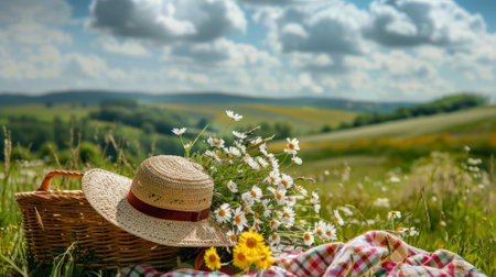 picnic with a bouquet of wildflowers generative aiの素材