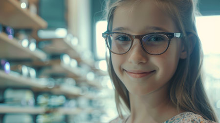 Smiling girl trying on glasses in store generative aiの素材