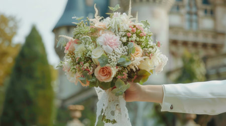 hand holding a bouquet of pastel-colored flowers generative aiの素材
