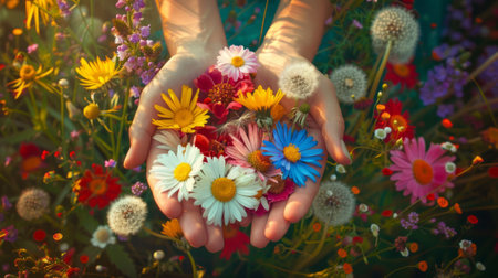 colorful bouquet of daisies and dandelions generative aiの素材