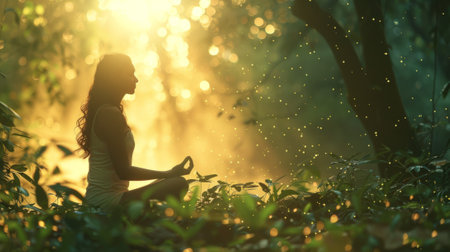 woman meditating in a tranquil forest clearing generative aiの素材