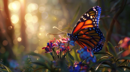 Captivating butterfly, adorned with vibrant hues, perched delicately on a wildflower. generative aiの素材