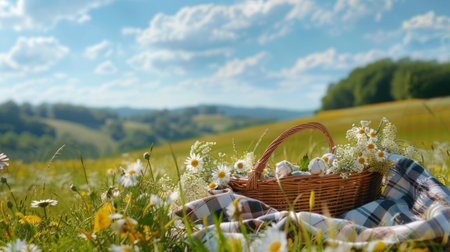 picnic with a bouquet of wildflowers generative aiの素材