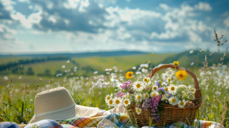 picnic with a bouquet of wildflowers generative aiの素材