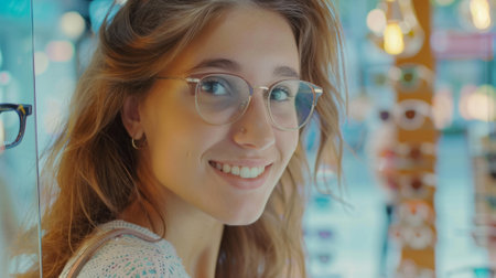 Smiling girl trying on glasses in store generative aiの素材