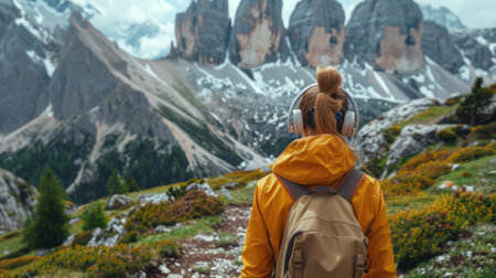 woman walking in the mountains with headphones on generative aiの素材