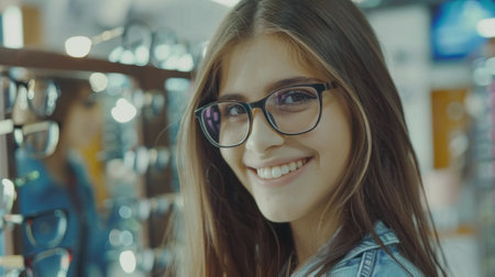 Smiling girl trying on glasses in store generative aiの素材
