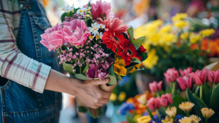hands holding a bouquet of flowers, in a flower shop generative aiの素材