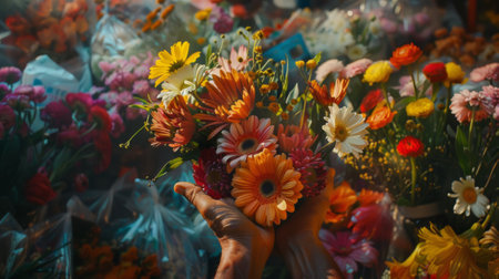 hands holding a bouquet of flowers, in a flower shop generative aiの素材