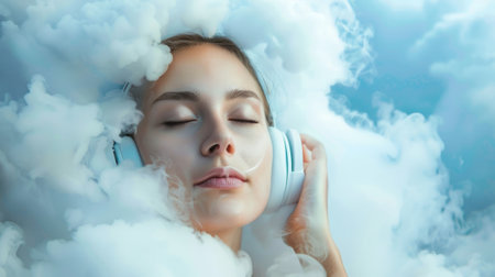 Woman listening to music on a cloud generative aiの素材