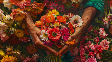 hands holding a bouquet of flowers, in a flower shop generative aiの素材